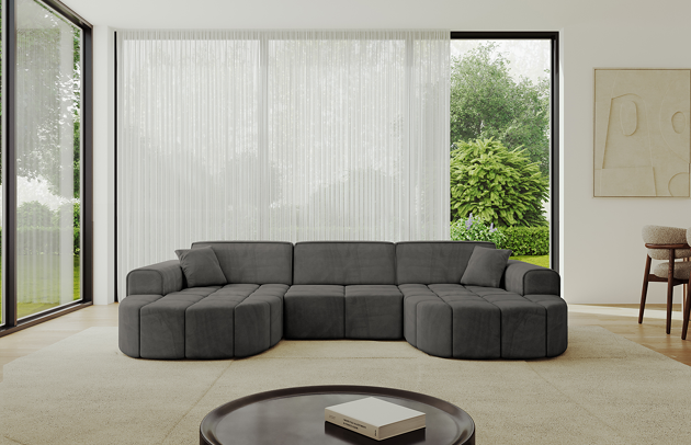 Bezug: Samt, Farbe: Dunkelgrau - Dream Velvet 202.13, Stellvariante: U-Form, Stoffbeschreibung: Polsterstoff Dream Velvet: Wasserabweisender und leicht zu reinigender Möbelstoff, scheuerfest (30.000 Martindale-Zyklen) lichtecht (6) und pillingarm (4-5), aus 100 % PES, Gewicht 360 g/m2 ±5 %, Materialzusammensetzung: 100% Polyseter, Pilling Resistenz: 4-5, Abriebfestigkeit: 5, Scheuerbeständigkeit: 30000 Martindale-Zyklen, Ausstattung: Kissen, Zimmer: Wohnzimmer, Tiefe: 173 cm, Breite: 315 cm, Höhe: 79,5 cm, Anzahl der Sitzflächen: 4, Sitzfüllung: Wellenfeder + HR35 und T30-Schaum, Art der Rückenkissen: Rückenlehne - feste, Annzahl der Sitzkissen: 3, Anzahl der Zierkissen: 2, Breite der Armlehnen: 28 cm, Höhe der Armlehnen: 58 cm, Breite der Ottomane: 115 cm, Tiefe der Ottomane: 151 cm, Tiefe der Sitzfläche: 62 cm, Sitzhöhe: 43,5 cm, Schlaffunktion: Ohne Schlaffunktion - 1