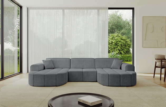 Bezug: Cord, Farbe: Dunkelgrau - Poso 115, Stellvariante: U-Form, Stoffbeschreibung: POSO ist ein angenehm anzufühlender Velours mit Kordstruktur (35000 MartindaleZyklen) und leicht zu reinigender Möbellstoff, lichtecht (5) und pillingarm (5), Gewicht 380 g/m2 ±5%, Materialzusammensetzung: 90% Polyseter, 10% Nylon, Pilling Resistenz: 5, Abriebfestigkeit: 5, Scheuerbeständigkeit: 30000 Martindale-Zyklen, Ausstattung: Kissen, Zimmer: Wohnzimmer, Tiefe: 173 cm, Breite: 315 cm, Höhe: 79,5 cm, Anzahl der Sitzflächen: 4, Sitzfüllung: Wellenfeder + HR35 und T30-Schaum, Art der Rückenkissen: Rückenlehne - feste, Annzahl der Sitzkissen: 3, Anzahl der Zierkissen: 2, Breite der Armlehnen: 28 cm, Höhe der Armlehnen: 58 cm, Breite der Ottomane: 115 cm, Tiefe der Ottomane: 151 cm, Tiefe der Sitzfläche: 62 cm, Sitzhöhe: 43,5 cm, Schlaffunktion: Ohne Schlaffunktion - 1