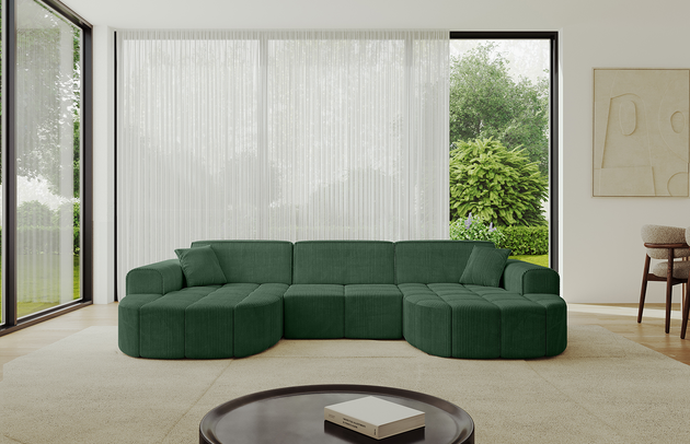 Bezug: Cord, Farbe: Grün - Poso 14, Stellvariante: U-Form, Stoffbeschreibung: POSO ist ein angenehm anzufühlender Velours mit Kordstruktur (35000 MartindaleZyklen) und leicht zu reinigender Möbellstoff, lichtecht (5) und pillingarm (5), Gewicht 380 g/m2 ±5%, Materialzusammensetzung: 90% Polyseter, 10% Nylon, Pilling Resistenz: 5, Abriebfestigkeit: 5, Scheuerbeständigkeit: 30000 Martindale-Zyklen, Ausstattung: Kissen, Zimmer: Wohnzimmer, Tiefe: 173 cm, Breite: 315 cm, Höhe: 79,5 cm, Anzahl der Sitzflächen: 4, Sitzfüllung: Wellenfeder + HR35 und T30-Schaum, Art der Rückenkissen: Rückenlehne - feste, Annzahl der Sitzkissen: 3, Anzahl der Zierkissen: 2, Breite der Armlehnen: 28 cm, Höhe der Armlehnen: 58 cm, Breite der Ottomane: 115 cm, Tiefe der Ottomane: 151 cm, Tiefe der Sitzfläche: 62 cm, Sitzhöhe: 43,5 cm, Schlaffunktion: Ohne Schlaffunktion - 1
