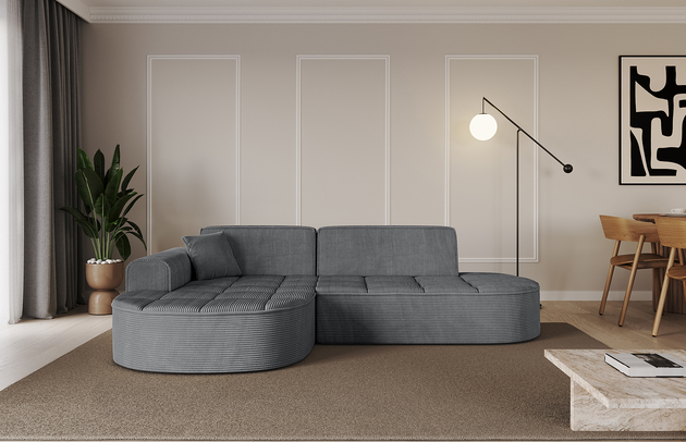 Bezug: Cord, Farbe: Dunkelgrau - Poso 115, Stellvariante: Ottomane Links, Stoffbeschreibung: POSO ist ein angenehm anzufühlender Velours mit Kordstruktur (35000 MartindaleZyklen) und leicht zu reinigender Möbellstoff, lichtecht (5) und pillingarm (5), Gewicht 380 g/m2 ±5%, Materialzusammensetzung: 90% Polyseter, 10% Nylon, Pilling Resistenz: 5, Abriebfestigkeit: 4, Scheuerbeständigkeit: 30000 Martindale-Zyklen, Ausstattung: Zierkissen, Zimmer: Wohnzimmer, Tiefe: 171 cm, Breite: 243 cm, Höhe: 79,5 cm, Anzahl der Sitzflächen: 3, Sitzfüllung: Wellenfeder + HR35 und T30-Schaum, Art der Rückenkissen: Rückenlehne - feste, Annzahl der Sitzkissen: 2, Anzahl der Zierkissen: 1, Breite der Armlehnen: 20 cm, Höhe der Armlehnen: 58 cm, Breite der Ottomane: 109 cm, Tiefe der Ottomane: 151 cm, Tiefe der Sitzfläche: 62 cm, Sitzhöhe: 43,5 cm, Schlaffunktion: Ohne Schlaffunktion - 1