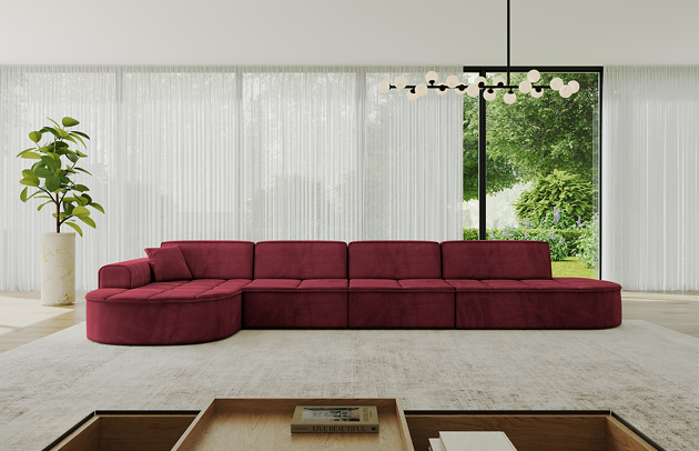 Bezug: Samt, Farbe: Bordeauxrot - Dream Velvet 202.11, Stellvariante: Ottomane Links, Stoffbeschreibung: Polsterstoff Dream Velvet: Wasserabweisender und leicht zu reinigender Möbelstoff, scheuerfest (30.000 Martindale-Zyklen) lichtecht (6) und pillingarm (4-5), aus 100 % PES, Gewicht 360 g/m2 ±5 %, Materialzusammensetzung: 100% Polyseter, Pilling Resistenz: 4.maj, Abriebfestigkeit: 5, Scheuerbeständigkeit: 30000 Martindale-Zyklen, Ausstattung: Zierkissen, Zimmer: Wohnzimmer, Tiefe: 171 cm, Breite: 413 cm, Höhe: 79,5 cm, Anzahl der Sitzflächen: 5, Sitzfüllung: Wellenfeder + HR35 und T30-Schaum, Art der Rückenkissen: Rückenlehne - feste, Annzahl der Sitzkissen: 4, Anzahl der Zierkissen: 1, Breite der Armlehnen: 20 cm, Höhe der Armlehnen: 58 cm, Breite der Ottomane: 109 cm, Tiefe der Ottomane: 151 cm, Tiefe der Sitzfläche: 62 cm, Sitzhöhe: 43,5 cm, Schlaffunktion: Ohne Schlaffunktion - 1