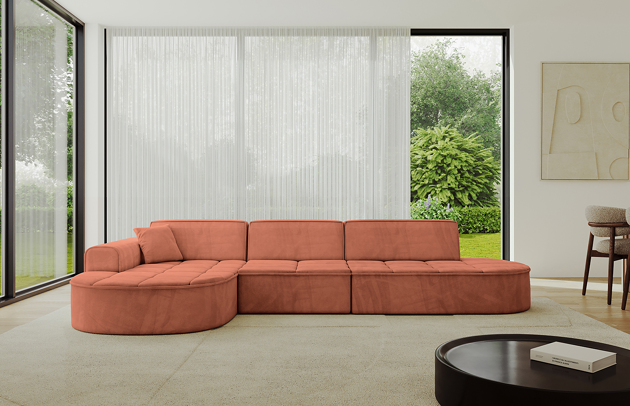 Bezug: Samt, Farbe: Apricot - Dream Velvet 202.07, Stellvariante: Ottomane Links, Stoffbeschreibung: Polsterstoff Dream Velvet: Wasserabweisender und leicht zu reinigender Möbelstoff, scheuerfest (30.000 Martindale-Zyklen) lichtecht (6) und pillingarm (4-5), aus 100 % PES, Gewicht 360 g/m2 ±5 %, Materialzusammensetzung: 100% Polyseter, Pilling Resistenz: 4.maj, Abriebfestigkeit: 5, Scheuerbeständigkeit: 30000 Martindale-Zyklen, Ausstattung: Zierkissen, Zimmer: Wohnzimmer, Tiefe: 171 cm, Breite: 328 cm, Höhe: 79,5 cm, Anzahl der Sitzflächen: 4, Sitzfüllung: Wellenfeder + HR35 und T30-Schaum, Art der Rückenkissen: Rückenlehne - feste, Annzahl der Sitzkissen: 3, Anzahl der Zierkissen: 1, Breite der Armlehnen: 20 cm, Höhe der Armlehnen: 58 cm, Breite der Ottomane: 109 cm, Tiefe der Ottomane: 151 cm, Tiefe der Sitzfläche: 62 cm, Sitzhöhe: 43,5 cm, Schlaffunktion: Ohne Schlaffunktion - 1