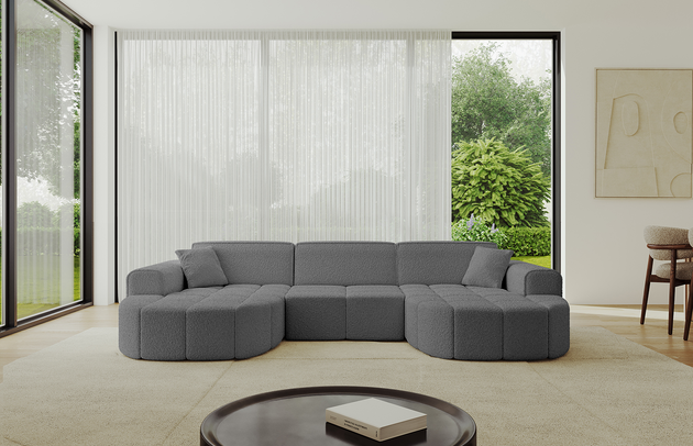 Bezug: Bouclé, Farbe: Grau - Quelle 92, Stellvariante: U-Form, Stoffbeschreibung: Polsterstoff Quelle: hochwertiger Bouclé Stoff, strapazierfähig, atmungsaktiv und pflegeleicht. (80.000 Martindale-Zyklen) 100 % PES, pillingarm(4-5), Gewicht 315 g/m² ±5 %, Materialzusammensetzung: 100% Polyseter, Pilling Resistenz: 5, Abriebfestigkeit: 5, Scheuerbeständigkeit: 80000 Martindale-Zyklen, Ausstattung: Kissen, Zimmer: Wohnzimmer, Tiefe: 173 cm, Breite: 315 cm, Höhe: 79,5 cm, Anzahl der Sitzflächen: 4, Sitzfüllung: Wellenfeder + HR35 und T30-Schaum, Art der Rückenkissen: Rückenlehne - feste, Annzahl der Sitzkissen: 3, Anzahl der Zierkissen: 2, Breite der Armlehnen: 28 cm, Höhe der Armlehnen: 58 cm, Breite der Ottomane: 115 cm, Tiefe der Ottomane: 151 cm, Tiefe der Sitzfläche: 62 cm, Sitzhöhe: 43,5 cm, Schlaffunktion: Ohne Schlaffunktion - 1