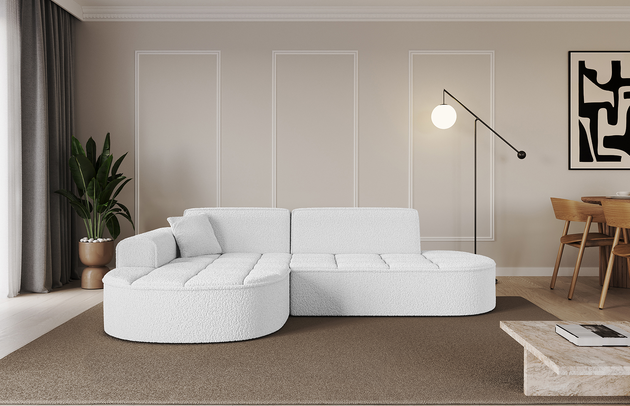 Bezug: Bouclé, Farbe: Weiß - Quelle 01, Stellvariante: Ottomane Links, Stoffbeschreibung: polsterstoff-quelle-hochwertiger-boucle-stoff-strapazierfahig-atmungsaktiv-und-pflegeleicht-80-000-martindale-zyklen-100-pes-pillingarm4-5-gewicht-315-g-m2-±5, Materialzusammensetzung: 100% Polyseter, Pilling Resistenz: 5, Abriebfestigkeit: 4, Scheuerbeständigkeit: 80000 Martindale-Zyklen, Ausstattung: Zierkissen, Zimmer: Wohnzimmer, Tiefe: 171 cm, Breite: 243 cm, Höhe: 79,5 cm, Anzahl der Sitzflächen: 3, Sitzfüllung: Wellenfeder + HR35 und T30-Schaum, Art der Rückenkissen: Rückenlehne - feste, Annzahl der Sitzkissen: 2, Anzahl der Zierkissen: 1, Breite der Armlehnen: 20 cm, Höhe der Armlehnen: 58 cm, Breite der Ottomane: 109 cm, Tiefe der Ottomane: 151 cm, Tiefe der Sitzfläche: 62 cm, Sitzhöhe: 43,5 cm, Schlaffunktion: Ohne Schlaffunktion - 1