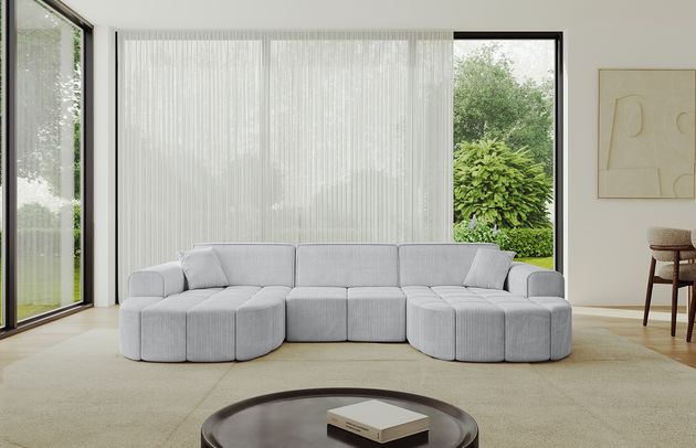 Bezug: Cord, Farbe: Grau - Poso 110, Stellvariante: U-Form, Stoffbeschreibung: POSO ist ein angenehm anzufühlender Velours mit Kordstruktur (35000 MartindaleZyklen) und leicht zu reinigender Möbellstoff, lichtecht (5) und pillingarm (5), Gewicht 380 g/m2 ±5%, Materialzusammensetzung: 90% Polyseter, 10% Nylon, Pilling Resistenz: 5, Abriebfestigkeit: 5, Scheuerbeständigkeit: 30000 Martindale-Zyklen, Ausstattung: Kissen, Zimmer: Wohnzimmer, Tiefe: 173 cm, Breite: 315 cm, Höhe: 79,5 cm, Anzahl der Sitzflächen: 4, Sitzfüllung: Wellenfeder + HR35 und T30-Schaum, Art der Rückenkissen: Rückenlehne - feste, Annzahl der Sitzkissen: 3, Anzahl der Zierkissen: 2, Breite der Armlehnen: 28 cm, Höhe der Armlehnen: 58 cm, Breite der Ottomane: 115 cm, Tiefe der Ottomane: 151 cm, Tiefe der Sitzfläche: 62 cm, Sitzhöhe: 43,5 cm, Schlaffunktion: Ohne Schlaffunktion - 1