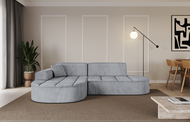 Bezug: Samt, Farbe: Hellgrau - Dream Velvet 202.17, Stellvariante: Ottomane Links, Stoffbeschreibung: Polsterstoff Dream Velvet: Wasserabweisender und leicht zu reinigender Möbelstoff, scheuerfest (30.000 Martindale-Zyklen) lichtecht (6) und pillingarm (4-5), aus 100 % PES, Gewicht 360 g/m2 ±5 %, Materialzusammensetzung: 100% Polyseter, Pilling Resistenz: 4.maj, Abriebfestigkeit: 5, Scheuerbeständigkeit: 30000 Martindale-Zyklen, Ausstattung: Zierkissen, Zimmer: Wohnzimmer, Tiefe: 171 cm, Breite: 243 cm, Höhe: 79,5 cm, Anzahl der Sitzflächen: 3, Sitzfüllung: Wellenfeder + HR35 und T30-Schaum, Art der Rückenkissen: Rückenlehne - feste, Annzahl der Sitzkissen: 2, Anzahl der Zierkissen: 1, Breite der Armlehnen: 20 cm, Höhe der Armlehnen: 58 cm, Breite der Ottomane: 109 cm, Tiefe der Ottomane: 151 cm, Tiefe der Sitzfläche: 62 cm, Sitzhöhe: 43,5 cm, Schlaffunktion: Ohne Schlaffunktion - 1