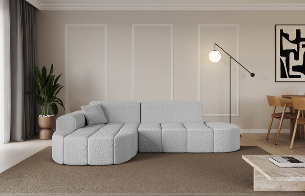 Bezug: Bouclé, Farbe: Hellgrau - Quelle 83, Stellvariante: Ottomane Links, Stoffbeschreibung: Polsterstoff Quelle: hochwertiger Bouclé Stoff, strapazierfähig, atmungsaktiv und pflegeleicht. (80.000 Martindale-Zyklen) 100 % PES, pillingarm(4-5), Gewicht 315 g/m² ±5 %, Materialzusammensetzung: 100% Polyseter, Pilling Resistenz: 5, Abriebfestigkeit: 5, Scheuerbeständigkeit: 80000 Martindale-Zyklen, Ausstattung: Kissen, Zimmer: Wohnzimmer, Tiefe: 173 cm, Breite: 252 cm, Höhe: 79,5 cm, Anzahl der Sitzflächen: 3, Sitzfüllung: Wellenfeder + HR35 und T30-Schaum, Art der Rückenkissen: Rückenlehne - feste, Annzahl der Sitzkissen: 2, Anzahl der Zierkissen: 1, Breite der Armlehnen: 28 cm, Höhe der Armlehnen: 58 cm, Breite der Ottomane: 115 cm, Tiefe der Ottomane: 151 cm, Tiefe der Sitzfläche: 62 cm, Sitzhöhe: 43,5 cm, Schlaffunktion: Ohne Schlaffunktion - 1