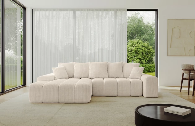 Bezug: Cord, Farbe: Beige - Poso 105, Stellvariante: Ottomane Links, Stoffbeschreibung: POSO ist ein angenehm anzufühlender Velours mit Kordstruktur (35000 MartindaleZyklen) und leicht zu reinigender Möbellstoff, lichtecht (5) und pillingarm (5), Gewicht 380 g/m2 ±5%, Materialzusammensetzung: 90% Polyseter, 10% Nylon, Pilling Resistenz: 5, Abriebfestigkeit: 4, Scheuerbeständigkeit: 30000 Martindale-Zyklen, Zimmer: Wohnzimmer, Tiefe: 164 cm, Breite: 267 cm, Höhe: 69 cm, Länge der Schlaffläche: 214 cm, Breite der Schlaffläche: 119 cm, Liegehöhe: 38 cm, Anzahl der Sitzflächen: 4, Sitzfüllung: Wellenfeder + HR35 und T30-Schaum, Anzahl der Rückenkissen: 5, Art der Rückenkissen: Rückenkissen, Annzahl der Sitzkissen: 2, Anzahl der Zierkissen: 2, Material der Füße: Kunststoff, Höhe der Füße: 1 cm, Farbe der Füße: Schwarz, Breite der Armlehnen: 25 cm, Breite der Ottomane: 111 cm, Tiefe der Ottomane: 125 cm, Tiefe der Sitzfläche: 47 cm, Sitzhöhe: 38 cm, Art des Stauraumes: Innenfach geschlossen - 1