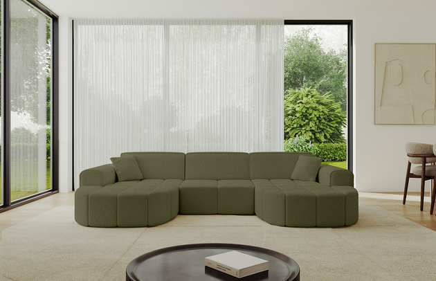 Bezug: Bouclé, Farbe: Grün - Quelle 38, Stellvariante: U-Form, Stoffbeschreibung: Polsterstoff Quelle: hochwertiger Bouclé Stoff, strapazierfähig, atmungsaktiv und pflegeleicht. (80.000 Martindale-Zyklen) 100 % PES, pillingarm(4-5), Gewicht 315 g/m² ±5 %, Materialzusammensetzung: 100% Polyseter, Pilling Resistenz: 5, Abriebfestigkeit: 5, Scheuerbeständigkeit: 80000 Martindale-Zyklen, Ausstattung: Kissen, Zimmer: Wohnzimmer, Tiefe: 173 cm, Breite: 315 cm, Höhe: 79,5 cm, Anzahl der Sitzflächen: 4, Sitzfüllung: Wellenfeder + HR35 und T30-Schaum, Art der Rückenkissen: Rückenlehne - feste, Annzahl der Sitzkissen: 3, Anzahl der Zierkissen: 2, Breite der Armlehnen: 28 cm, Höhe der Armlehnen: 58 cm, Breite der Ottomane: 115 cm, Tiefe der Ottomane: 151 cm, Tiefe der Sitzfläche: 62 cm, Sitzhöhe: 43,5 cm, Schlaffunktion: Ohne Schlaffunktion - 1