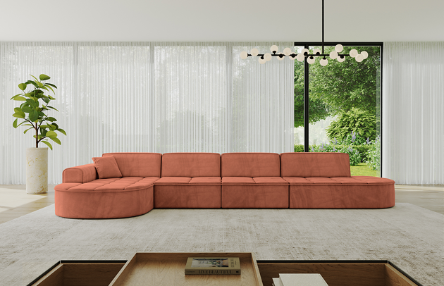 Bezug: Samt, Farbe: Apricot - Dream Velvet 202.07, Stellvariante: Ottomane Links, Stoffbeschreibung: Polsterstoff Dream Velvet: Wasserabweisender und leicht zu reinigender Möbelstoff, scheuerfest (30.000 Martindale-Zyklen) lichtecht (6) und pillingarm (4-5), aus 100 % PES, Gewicht 360 g/m2 ±5 %, Materialzusammensetzung: 100% Polyseter, Pilling Resistenz: 4.maj, Abriebfestigkeit: 5, Scheuerbeständigkeit: 30000 Martindale-Zyklen, Ausstattung: Zierkissen, Zimmer: Wohnzimmer, Tiefe: 171 cm, Breite: 413 cm, Höhe: 79,5 cm, Anzahl der Sitzflächen: 5, Sitzfüllung: Wellenfeder + HR35 und T30-Schaum, Art der Rückenkissen: Rückenlehne - feste, Annzahl der Sitzkissen: 4, Anzahl der Zierkissen: 1, Breite der Armlehnen: 20 cm, Höhe der Armlehnen: 58 cm, Breite der Ottomane: 109 cm, Tiefe der Ottomane: 151 cm, Tiefe der Sitzfläche: 62 cm, Sitzhöhe: 43,5 cm, Schlaffunktion: Ohne Schlaffunktion - 1
