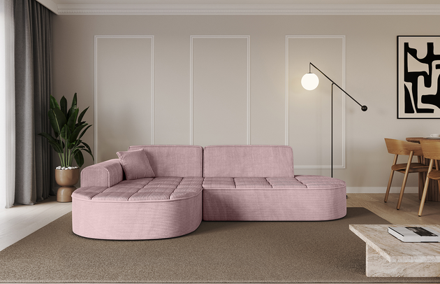 Bezug: Cord, Farbe: Rosa - Poso 145, Stellvariante: Ottomane Links, Stoffbeschreibung: POSO ist ein angenehm anzufühlender Velours mit Kordstruktur (35000 MartindaleZyklen) und leicht zu reinigender Möbellstoff, lichtecht (5) und pillingarm (5), Gewicht 380 g/m2 ±5%, Materialzusammensetzung: 90% Polyseter, 10% Nylon, Pilling Resistenz: 5, Abriebfestigkeit: 4, Scheuerbeständigkeit: 30000 Martindale-Zyklen, Ausstattung: Zierkissen, Zimmer: Wohnzimmer, Tiefe: 171 cm, Breite: 243 cm, Höhe: 79,5 cm, Anzahl der Sitzflächen: 3, Sitzfüllung: Wellenfeder + HR35 und T30-Schaum, Art der Rückenkissen: Rückenlehne - feste, Annzahl der Sitzkissen: 2, Anzahl der Zierkissen: 1, Breite der Armlehnen: 20 cm, Höhe der Armlehnen: 58 cm, Breite der Ottomane: 109 cm, Tiefe der Ottomane: 151 cm, Tiefe der Sitzfläche: 62 cm, Sitzhöhe: 43,5 cm, Schlaffunktion: Ohne Schlaffunktion - 1