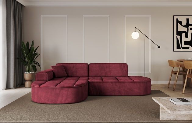 Bezug: Samt, Farbe: Bordeauxrot - Dream Velvet 202.11, Stellvariante: Ottomane Links, Stoffbeschreibung: Polsterstoff Dream Velvet: Wasserabweisender und leicht zu reinigender Möbelstoff, scheuerfest (30.000 Martindale-Zyklen) lichtecht (6) und pillingarm (4-5), aus 100 % PES, Gewicht 360 g/m2 ±5 %, Materialzusammensetzung: 100% Polyseter, Pilling Resistenz: 4.maj, Abriebfestigkeit: 5, Scheuerbeständigkeit: 30000 Martindale-Zyklen, Ausstattung: Zierkissen, Zimmer: Wohnzimmer, Tiefe: 171 cm, Breite: 243 cm, Höhe: 79,5 cm, Anzahl der Sitzflächen: 3, Sitzfüllung: Wellenfeder + HR35 und T30-Schaum, Art der Rückenkissen: Rückenlehne - feste, Annzahl der Sitzkissen: 2, Anzahl der Zierkissen: 1, Breite der Armlehnen: 20 cm, Höhe der Armlehnen: 58 cm, Breite der Ottomane: 109 cm, Tiefe der Ottomane: 151 cm, Tiefe der Sitzfläche: 62 cm, Sitzhöhe: 43,5 cm, Schlaffunktion: Ohne Schlaffunktion - 1