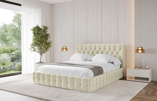 Bezug: Bouclé, Farbe: Beige - Quelle 02, Stoffbeschreibung: Polsterstoff Quelle: hochwertiger Bouclé Stoff, strapazierfähig, atmungsaktiv und pflegeleicht. (80.000 Martindale-Zyklen) 100 % PES, pillingarm(4-5), Gewicht 315 g/m² ±5 %, Zimmer: Schlafzimmer, Länge: 215 cm, Breite: 176 cm, Höhe: 105 cm, Größe: 160x200 cm, Länge der Schlaffläche: 200 cm, Breite der Schlaffläche: 160 cm, Liegehöhe: 48 cm, Matratze: Mit H3 / H4 Taschenfederkern Matratze, Höhe der Matratze: 25 cm, Matratzentyp: Taschenfederkernmatratze, Bettkasten: Ja, Anzahl der Bettkasten: 1, Höhe der Bettkasten: 30 cm, Höhe des Kopfteils: 105 cm, Dicke des Kopfteils: 8 cm, Gepolsterte Rückseite: Nein - 1