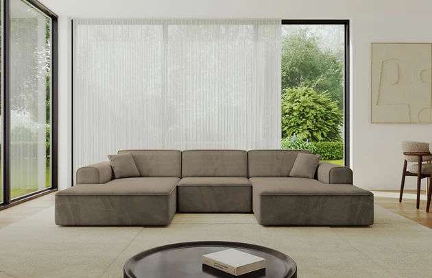 Bezug: Samt, Farbe: Braun - Paros 03, Stellvariante: U-Form, Stoffbeschreibung: PAROS ist ein sehr weicher Möbelstoff mit einer angenehmen Haptik. (50.000 Martindale-Zyklen) 100 % PES, pillingarm(4-5), reibecht(4-5), lichtecht(6|7), Gewicht 260 g/m² ±5 %, Materialzusammensetzung: 100% Polyseter, Pilling Resistenz: 5, Abriebfestigkeit: 5, Scheuerbeständigkeit: 50000 Martindale-Zyklen, Ausstattung: Kissen, Zimmer: Wohnzimmer, Tiefe: 165 cm, Breite: 301 cm, Höhe: 80 cm, Anzahl der Sitzflächen: 4, Sitzfüllung: Wellenfeder + T30-Schaum, Art der Rückenkissen: Rückenlehne - feste, Annzahl der Sitzkissen: 3, Anzahl der Zierkissen: 2, Breite der Armlehnen: 25 cm, Höhe der Armlehnen: 58 cm, Breite der Ottomane: 108 cm, Tiefe der Ottomane: 143 cm, Tiefe der Sitzfläche: 62 cm, Sitzhöhe: 44 cm, Schlaffunktion: Ohne Schlaffunktion - 1