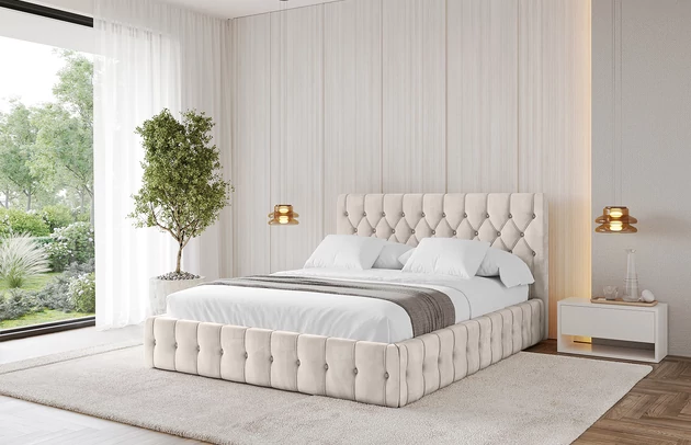 Bezug: Velvet, Farbe: Beige - Casablanca 2301, Stoffbeschreibung: Polsterstoff Casablanca: „Pet-friendly“, leicht zu reinigen (CleanBOO+), wasserabweisend mit Lotuseffekt, scheuerfest (45.000 Martindale- Zyklen), Gewicht 310g/m2 ±5 %, Zimmer: Schlafzimmer, Länge: 215 cm, Breite: 136 cm, Höhe: 105 cm, Größe: 120x200 cm, Länge der Schlaffläche: 200 cm, Breite der Schlaffläche: 120 cm, Liegehöhe: 48 cm, Matratze: Mit H3 / H4 Taschenfederkern Matratze, Höhe der Matratze: 25 cm, Matratzentyp: Taschenfederkernmatratze, Bettkasten: Ja, Anzahl der Bettkasten: 1, Höhe der Bettkasten: 30 cm, Höhe des Kopfteils: 105 cm, Dicke des Kopfteils: 8 cm, Gepolsterte Rückseite: Nein - 1