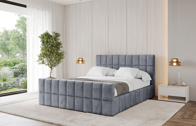 Bezug: Samt, Farbe: Grau - Casablanca 2314, Stoffbeschreibung: Polsterstoff Casablanca: „Pet-friendly“, leicht zu reinigen (CleanBOO+), wasserabweisend mit Lotuseffekt, scheuerfest (45.000 Martindale- Zyklen), Gewicht 310g/m2 ±5 %, Zimmer: Schlafzimmer, Länge: 222 cm, Breite: 156 cm, Höhe: 105 cm, Größe: 140x200 cm, Länge der Schlaffläche: 200 cm, Breite der Schlaffläche: 140 cm, Liegehöhe: 48 cm, Matratze: Mit H3 / H4 Taschenfederkern Matratze, Höhe der Matratze: 25 cm, Matratzentyp: Taschenfederkernmatratze, Bettkasten: Ja, Anzahl der Bettkasten: 1, Höhe der Bettkasten: 30 cm, Höhe des Kopfteils: 105 cm, Dicke des Kopfteils: 8 cm, Dicke des Fußteils: 7 cm, Gepolsterte Rückseite: Nein - 1