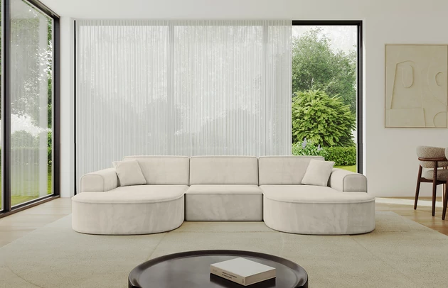 Bezug: Samt, Farbe: Beige - Paros 01, Stellvariante: U-Form, Stoffbeschreibung: PAROS ist ein sehr weicher Möbelstoff mit einer angenehmen Haptik. (50.000 Martindale-Zyklen) 100 % PES, pillingarm(4-5), reibecht(4-5), lichtecht(6|7), Gewicht 260 g/m² ±5 %, Materialzusammensetzung: 100% Polyseter, Pilling Resistenz: 5, Abriebfestigkeit: 5, Scheuerbeständigkeit: 50000 Martindale-Zyklen, Ausstattung: Kissen, Zimmer: Wohnzimmer, Tiefe: 171 cm, Breite: 303 cm, Höhe: 79,5 cm, Anzahl der Sitzflächen: 4, Sitzfüllung: Wellenfeder + HR35 und T30-Schaum, Art der Rückenkissen: Rückenlehne - feste, Annzahl der Sitzkissen: 3, Anzahl der Zierkissen: 2, Breite der Armlehnen: 20 cm, Höhe der Armlehnen: 58 cm, Breite der Ottomane: 109 cm, Tiefe der Ottomane: 151 cm, Tiefe der Sitzfläche: 62 cm, Sitzhöhe: 43,5 cm, Schlaffunktion: Ohne Schlaffunktion - 1