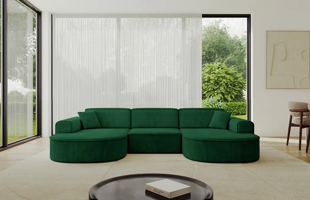 Bezug: Samt, Farbe: Grün - Kronos 19, Stellvariante: U-Form, Stoffbeschreibung: KRONOS: Scheuerfester (50.000 Martindale-Zyklen), flauschiger Möbelstoff mit weicher Plüschoberfläche, lichtecht (5), reibecht (4-5), pillingarm (4). Gewicht 275 g/m2 ±5%., Materialzusammensetzung: 100% Polyseter, Pilling Resistenz: 5, Abriebfestigkeit: 5, Scheuerbeständigkeit: 50000 Martindale-Zyklen, Ausstattung: Kissen, Zimmer: Wohnzimmer, Tiefe: 171 cm, Breite: 303 cm, Höhe: 79,5 cm, Anzahl der Sitzflächen: 4, Sitzfüllung: Wellenfeder + HR35 und T30-Schaum, Art der Rückenkissen: Rückenlehne - feste, Annzahl der Sitzkissen: 3, Anzahl der Zierkissen: 2, Breite der Armlehnen: 20 cm, Höhe der Armlehnen: 58 cm, Breite der Ottomane: 109 cm, Tiefe der Ottomane: 151 cm, Tiefe der Sitzfläche: 62 cm, Sitzhöhe: 43,5 cm, Schlaffunktion: Ohne Schlaffunktion - 1