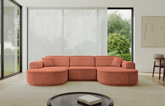 Bezug: Samt, Farbe: Apricot - Dream Velvet 202.07, Stellvariante: U-Form, Stoffbeschreibung: Polsterstoff Dream Velvet: Wasserabweisender und leicht zu reinigender Möbelstoff, scheuerfest (30.000 Martindale-Zyklen) lichtecht (6) und pillingarm (4-5), aus 100 % PES, Gewicht 360 g/m2 ±5 %, Materialzusammensetzung: 100% Polyseter, Pilling Resistenz: 4-5, Abriebfestigkeit: 5, Scheuerbeständigkeit: 30000 Martindale-Zyklen, Ausstattung: Kissen, Zimmer: Wohnzimmer, Tiefe: 171 cm, Breite: 303 cm, Höhe: 83 cm, Anzahl der Sitzflächen: 4, Sitzfüllung: Wellenfeder + HR35 und T30-Schaum, Art der Rückenkissen: Rückenlehne - feste, Annzahl der Sitzkissen: 3, Anzahl der Zierkissen: 2, Breite der Armlehnen: 20 cm, Höhe der Armlehnen: 58 cm, Breite der Ottomane: 109 cm, Tiefe der Ottomane: 151 cm, Tiefe der Sitzfläche: 62 cm, Sitzhöhe: 47 cm, Schlaffunktion: Ohne Schlaffunktion, Länge der Schlaffläche: Nicht zutreffend, Breite der Schlaffläche: Nicht zutreffend, Liegehöhe: Nicht zutreffend - 1