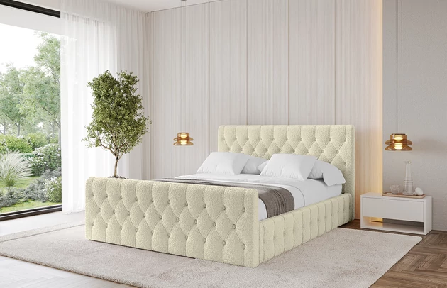 Bezug: Bouclé, Farbe: Beige - Quelle 02, Stoffbeschreibung: Polsterstoff Quelle: hochwertiger Bouclé Stoff, strapazierfähig, atmungsaktiv und pflegeleicht. (80.000 Martindale-Zyklen) 100 % PES, pillingarm(4-5), Gewicht 315 g/m² ±5 %, Zimmer: Schlafzimmer, Länge: 222 cm, Breite: 136 cm, Höhe: 105 cm, Größe: 120x200 cm, Länge der Schlaffläche: 200 cm, Breite der Schlaffläche: 120 cm, Liegehöhe: 48 cm, Matratze: Mit H3 / H4 Taschenfederkern Matratze, Höhe der Matratze: 25 cm, Matratzentyp: Taschenfederkernmatratze, Bettkasten: Ja, Anzahl der Bettkasten: 1, Höhe der Bettkasten: 30 cm, Höhe des Kopfteils: 105 cm, Dicke des Kopfteils: 8 cm, Dicke des Fußteils: 7 cm, Gepolsterte Rückseite: Nein - 1