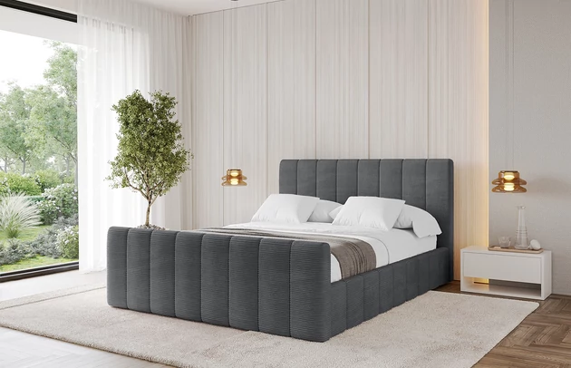 Bezug: Cord, Farbe: Dunkelgrau - Poso 115, Stoffbeschreibung: POSO ist ein angenehm anzufühlender Velours mit Kordstruktur (35000 MartindaleZyklen) und leicht zu reinigender Möbellstoff, lichtecht (5) und pillingarm (5), Gewicht 380 g/m2 ±5%, Zimmer: Schlafzimmer, Länge: 222 cm, Breite: 136 cm, Höhe: 105 cm, Größe: 120x200 cm, Länge der Schlaffläche: 200 cm, Breite der Schlaffläche: 120 cm, Liegehöhe: 48 cm, Matratze: Mit H3 / H4 Taschenfederkern Matratze, Höhe der Matratze: 25 cm, Matratzentyp: Taschenfederkernmatratze, Bettkasten: Ja, Anzahl der Bettkasten: 1, Höhe der Bettkasten: 30 cm, Höhe des Kopfteils: 105 cm, Dicke des Kopfteils: 8 cm, Dicke des Fußteils: 7 cm, Gepolsterte Rückseite: Nein - 1