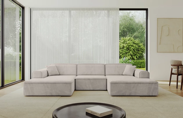 Bezug: Samt, Farbe: Hellbraun - Paros 02, Stellvariante: U-Form, Stoffbeschreibung: PAROS ist ein sehr weicher Möbelstoff mit einer angenehmen Haptik. (50.000 Martindale-Zyklen) 100 % PES, pillingarm(4-5), reibecht(4-5), lichtecht(6|7), Gewicht 260 g/m² ±5 %, Materialzusammensetzung: 100% Polyseter, Pilling Resistenz: 5, Abriebfestigkeit: 5, Scheuerbeständigkeit: 50000 Martindale-Zyklen, Ausstattung: Kissen, Zimmer: Wohnzimmer, Tiefe: 165 cm, Breite: 301 cm, Höhe: 80 cm, Anzahl der Sitzflächen: 4, Sitzfüllung: Wellenfeder + T30-Schaum, Art der Rückenkissen: Rückenlehne - feste, Annzahl der Sitzkissen: 3, Anzahl der Zierkissen: 2, Breite der Armlehnen: 25 cm, Höhe der Armlehnen: 58 cm, Breite der Ottomane: 108 cm, Tiefe der Ottomane: 143 cm, Tiefe der Sitzfläche: 62 cm, Sitzhöhe: 44 cm, Schlaffunktion: Ohne Schlaffunktion - 1