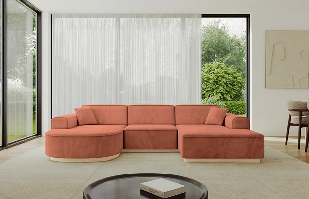 Bezug: Samt, Farbe: Apricot - Dream Velvet 202.07, Stellvariante: U-Form, Stoffbeschreibung: Polsterstoff Dream Velvet: Wasserabweisender und leicht zu reinigender Möbelstoff, scheuerfest (30.000 Martindale-Zyklen) lichtecht (6) und pillingarm (4-5), aus 100 % PES, Gewicht 360 g/m2 ±5 %, Materialzusammensetzung: 100% Polyseter, Pilling Resistenz: 4, Abriebfestigkeit: 4, Scheuerbeständigkeit: 100000 Martindale-Zyklen, Ausstattung: Kissen, Zimmer: Wohnzimmer, Tiefe: 171 cm, Breite: 303 cm, Höhe: 83 cm, Anzahl der Sitzflächen: 4, Sitzfüllung: Wellenfeder + HR35 und T30-Schaum, Art der Rückenkissen: Rückenlehne - feste, Annzahl der Sitzkissen: 3, Anzahl der Zierkissen: 2, Breite der Armlehnen: 20 cm, Höhe der Armlehnen: 58 cm, Breite der Ottomane: 109 cm, Tiefe der Ottomane: 151 cm, Tiefe der Sitzfläche: 62 cm, Sitzhöhe: 47 cm, Schlaffunktion: Ohne Schlaffunktion - 1