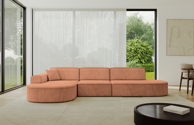 Bezug: Samt, Farbe: Apricot - Kronos 41, Stellvariante: Ottomane Links, Stoffbeschreibung: KRONOS: Scheuerfester (50.000 Martindale-Zyklen), flauschiger Möbelstoff mit weicher Plüschoberfläche, lichtecht (5), reibecht (4-5), pillingarm (4). Gewicht 275 g/m2 ±5%., Materialzusammensetzung: 100% Polyseter, Pilling Resistenz: 5, Abriebfestigkeit: 5, Scheuerbeständigkeit: 50000 Martindale-Zyklen, Ausstattung: Kissen, Zimmer: Wohnzimmer, Tiefe: 171 cm, Breite: 328 cm, Höhe: 79,5 cm, Schlaffunktion: Ohne Schlaffunktion, Länge der Schlaffläche: Nicht zutreffend, Breite der Schlaffläche: Nicht zutreffend, Liegehöhe: Nicht zutreffend, Anzahl der Sitzflächen: 4, Sitzfüllung: Wellenfeder + HR35 und T30-Schaum, Art der Rückenkissen: Rückenlehne - feste, Annzahl der Sitzkissen: 3, Anzahl der Zierkissen: 1, Breite der Armlehnen: 20 cm, Höhe der Armlehnen: 58 cm, Breite der Ottomane: 109 cm, Tiefe der Ottomane: 151 cm, Tiefe der Sitzfläche: 62 cm, Sitzhöhe: 43,5 cm - 1