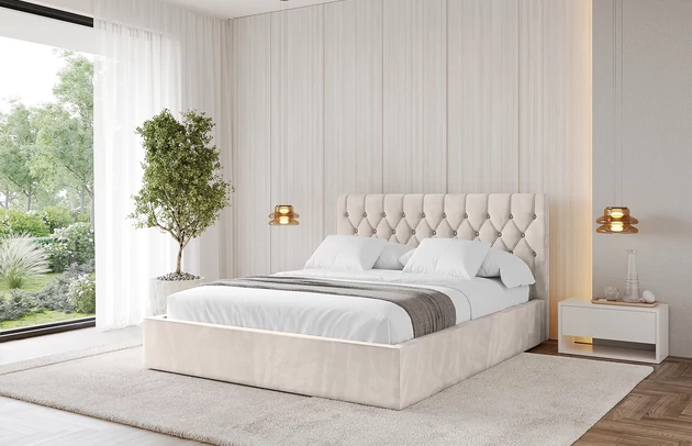 Bezug: Velvet, Farbe: Beige - Casablanca 2301, Stoffbeschreibung: Polsterstoff Casablanca: „Pet-friendly“, leicht zu reinigen (CleanBOO+), wasserabweisend mit Lotuseffekt, scheuerfest (45.000 Martindale- Zyklen), Gewicht 310g/m2 ±5 %, Zimmer: Schlafzimmer, Länge: 215 cm, Breite: 136 cm, Höhe: 105 cm, Größe: 120x200 cm, Länge der Schlaffläche: 200 cm, Breite der Schlaffläche: 120 cm, Liegehöhe: 48 cm, Matratze: Mit H3 / H4 Taschenfederkern Matratze, Höhe der Matratze: 25 cm, Matratzentyp: Taschenfederkernmatratze, Bettkasten: Ja, Anzahl der Bettkasten: 1, Höhe der Bettkasten: 30 cm, Höhe des Kopfteils: 105 cm, Dicke des Kopfteils: 8 cm, Gepolsterte Rückseite: Nein - 1