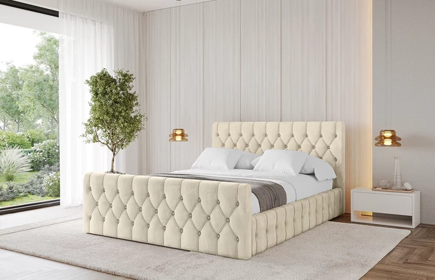 Bezug: Samt, Farbe: Beige - Monolith 4, Stoffbeschreibung: MONOLITH: Wasserabweisender und leicht zu reinigender Möbelstoff, scheuerfest (100.000 Martindale-Zyklen) lichtecht (5) und pillingarm (4-5), aus 100 % PES, Gewicht 330 g/m2 ±5 %, Zimmer: Schlafzimmer, Länge: 222 cm, Breite: 136 cm, Höhe: 105 cm, Größe: 120x200 cm, Länge der Schlaffläche: 200 cm, Breite der Schlaffläche: 120 cm, Liegehöhe: 48 cm, Matratze: Mit H3 / H4 Taschenfederkern Matratze, Höhe der Matratze: 25 cm, Matratzentyp: Taschenfederkernmatratze, Bettkasten: Ja, Anzahl der Bettkasten: 1, Höhe der Bettkasten: 30 cm, Höhe des Kopfteils: 105 cm, Dicke des Kopfteils: 8 cm, Dicke des Fußteils: 7 cm, Gepolsterte Rückseite: Nein - 1