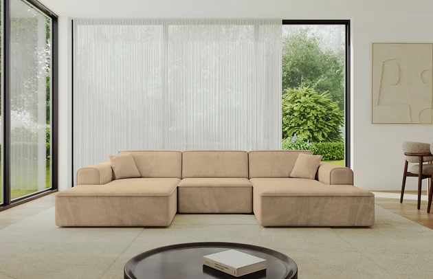 Bezug: Samt, Farbe: Beige - Kronos 35, Stellvariante: U-Form, Stoffbeschreibung: KRONOS: Scheuerfester (50.000 Martindale-Zyklen), flauschiger Möbelstoff mit weicher Plüschoberfläche, lichtecht (5), reibecht (4-5), pillingarm (4). Gewicht 275 g/m2 ±5%., Materialzusammensetzung: 100% Polyseter, Pilling Resistenz: 5, Abriebfestigkeit: 5, Scheuerbeständigkeit: 50000 Martindale-Zyklen, Ausstattung: Kissen, Zimmer: Wohnzimmer, Tiefe: 165 cm, Breite: 301 cm, Höhe: 80 cm, Anzahl der Sitzflächen: 4, Sitzfüllung: Wellenfeder + T30-Schaum, Art der Rückenkissen: Rückenlehne - feste, Annzahl der Sitzkissen: 3, Anzahl der Zierkissen: 2, Breite der Armlehnen: 25 cm, Höhe der Armlehnen: 58 cm, Breite der Ottomane: 108 cm, Tiefe der Ottomane: 143 cm, Tiefe der Sitzfläche: 62 cm, Sitzhöhe: 44 cm, Schlaffunktion: Ohne Schlaffunktion - 1