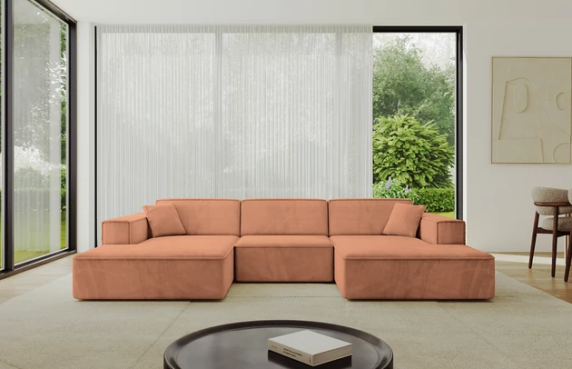 Bezug: Samt, Farbe: Apricot - Kronos 41, Stellvariante: U-Form, Stoffbeschreibung: KRONOS: Scheuerfester (50.000 Martindale-Zyklen), flauschiger Möbelstoff mit weicher Plüschoberfläche, lichtecht (5), reibecht (4-5), pillingarm (4). Gewicht 275 g/m2 ±5%., Materialzusammensetzung: 100% Polyseter, Pilling Resistenz: 5, Abriebfestigkeit: 5, Scheuerbeständigkeit: 50000, Ausstattung: Kissen, Zimmer: Wohnzimmer, Tiefe: 165 cm, Breite: 301 cm, Höhe: 80 cm, Anzahl der Sitzflächen: 4, Sitzfüllung: Wellenfeder + T30-Schaum, Art der Rückenkissen: Rückenlehne - feste, Annzahl der Sitzkissen: 3, Anzahl der Zierkissen: 2, Breite der Armlehnen: 25 cm, Höhe der Armlehnen: 58 cm, Breite der Ottomane: 108 cm, Tiefe der Ottomane: 143 cm, Tiefe der Sitzfläche: 62 cm, Sitzhöhe: 44 cm, Schlaffunktion: Ohne Schlaffunktion - 1