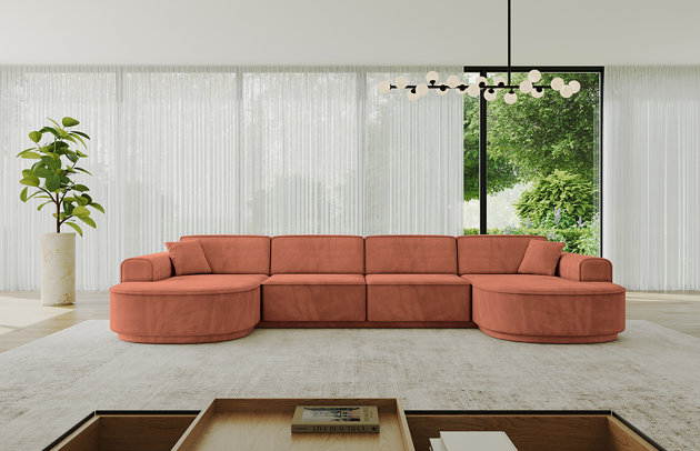 Bezug: Samt, Farbe: Apricot - Dream Velvet 202.07, Stellvariante: U-Form, Stoffbeschreibung: Polsterstoff Dream Velvet: Wasserabweisender und leicht zu reinigender Möbelstoff, scheuerfest (30.000 Martindale-Zyklen) lichtecht (6) und pillingarm (4-5), aus 100 % PES, Gewicht 360 g/m2 ±5 %, Materialzusammensetzung: 100% Polyseter, Pilling Resistenz: 4-5, Abriebfestigkeit: 5, Scheuerbeständigkeit: 30000 Martindale-Zyklen, Ausstattung: Kissen, Zimmer: Wohnzimmer, Tiefe: 171 cm, Breite: 388 cm, Höhe: 83 cm, Anzahl der Sitzflächen: 6, Sitzfüllung: Wellenfeder + HR35 und T30-Schaum, Art der Rückenkissen: Rückenlehne - feste, Annzahl der Sitzkissen: 4, Anzahl der Zierkissen: 2, Breite der Armlehnen: 20 cm, Höhe der Armlehnen: 58 cm, Breite der Ottomane: 109 cm, Tiefe der Ottomane: 151 cm, Tiefe der Sitzfläche: 62 cm, Sitzhöhe: 47 cm, Schlaffunktion: Ohne Schlaffunktion, Länge der Schlaffläche: Nicht zutreffend, Breite der Schlaffläche: Nicht zutreffend, Liegehöhe: Nicht zutreffend - 1