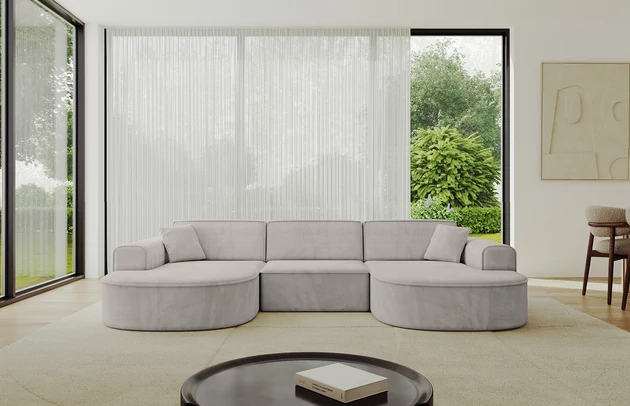 Bezug: Samt, Farbe: Hellbraun - Paros 02, Stellvariante: U-Form, Stoffbeschreibung: PAROS ist ein sehr weicher Möbelstoff mit einer angenehmen Haptik. (50.000 Martindale-Zyklen) 100 % PES, pillingarm(4-5), reibecht(4-5), lichtecht(6|7), Gewicht 260 g/m² ±5 %, Materialzusammensetzung: 100% Polyseter, Pilling Resistenz: 5, Abriebfestigkeit: 5, Scheuerbeständigkeit: 50000 Martindale-Zyklen, Ausstattung: Kissen, Zimmer: Wohnzimmer, Tiefe: 171 cm, Breite: 303 cm, Höhe: 79,5 cm, Anzahl der Sitzflächen: 4, Sitzfüllung: Wellenfeder + HR35 und T30-Schaum, Art der Rückenkissen: Rückenlehne - feste, Annzahl der Sitzkissen: 3, Anzahl der Zierkissen: 2, Breite der Armlehnen: 20 cm, Höhe der Armlehnen: 58 cm, Breite der Ottomane: 109 cm, Tiefe der Ottomane: 151 cm, Tiefe der Sitzfläche: 62 cm, Sitzhöhe: 43,5 cm, Schlaffunktion: Ohne Schlaffunktion - 1