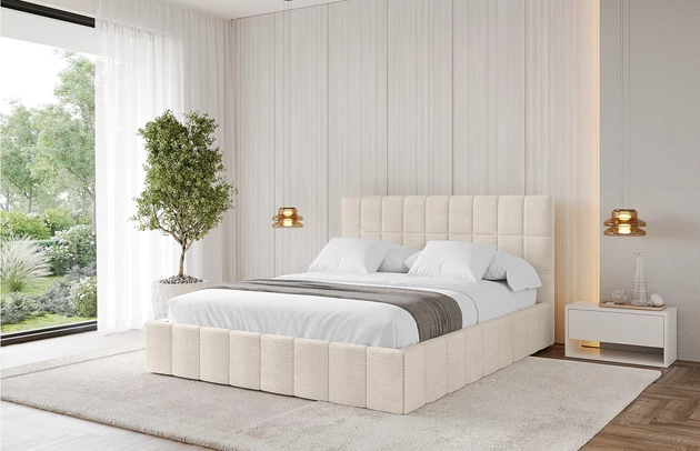 Bezug: Cord, Farbe: Beige - Poso 105, Stoffbeschreibung: POSO ist ein angenehm anzufühlender Velours mit Kordstruktur (35000 MartindaleZyklen) und leicht zu reinigender Möbellstoff, lichtecht (5) und pillingarm (5), Gewicht 380 g/m2 ±5%, Zimmer: Schlafzimmer, Länge: 215 cm, Breite: 136 cm, Höhe: 105 cm, Größe: 120x200 cm, Länge der Schlaffläche: 200 cm, Breite der Schlaffläche: 120 cm, Liegehöhe: 48 cm, Matratze: Mit H3 / H4 Taschenfederkern Matratze, Höhe der Matratze: 25 cm, Matratzentyp: Taschenfederkernmatratze, Bettkasten: Ja, Anzahl der Bettkasten: 1, Höhe der Bettkasten: 30 cm, Höhe des Kopfteils: 105 cm, Dicke des Kopfteils: 8 cm, Gepolsterte Rückseite: Nein - 1