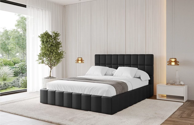 Bezug: Kunstleder, Farbe: Schwarz - Soft 11, Stoffbeschreibung: Polsterstoff SOFT:Leicht zu reinigendes Lederimitat. scheuerfest (100.000 Martindale-Zyklen). lichtecht (6). reibecht (4-5). 100%PU (Oberseite) + 75%PES mit 25%CO (Unterseite), Zimmer: Schlafzimmer, Länge: 215 cm, Breite: 156 cm, Höhe: 105 cm, Größe: 140x200 cm, Länge der Schlaffläche: 200 cm, Breite der Schlaffläche: 140 cm, Liegehöhe: 48 cm, Matratze: Mit H3 / H4 Taschenfederkern Matratze, Höhe der Matratze: 25 cm, Matratzentyp: Taschenfederkernmatratze, Bettkasten: Ja, Anzahl der Bettkasten: 1, Höhe der Bettkasten: 30 cm, Höhe des Kopfteils: 105 cm, Dicke des Kopfteils: 8 cm, Gepolsterte Rückseite: Nein - 1