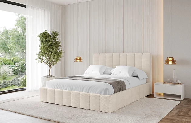 Bezug: Cord, Farbe: Beige - Poso 105, Stoffbeschreibung: POSO ist ein angenehm anzufühlender Velours mit Kordstruktur (35000 MartindaleZyklen) und leicht zu reinigender Möbellstoff, lichtecht (5) und pillingarm (5), Gewicht 380 g/m2 ±5%, Zimmer: Schlafzimmer, Länge: 215 cm, Breite: 156 cm, Höhe: 105 cm, Größe: 140x200 cm, Länge der Schlaffläche: 200 cm, Breite der Schlaffläche: 140 cm, Liegehöhe: 48 cm, Matratze: Mit H3 / H4 Taschenfederkern Matratze, Höhe der Matratze: 25 cm, Matratzentyp: Taschenfederkernmatratze, Bettkasten: Ja, Anzahl der Bettkasten: 1, Höhe der Bettkasten: 30 cm, Höhe des Kopfteils: 105 cm, Dicke des Kopfteils: 8 cm, Gepolsterte Rückseite: Nein - 1