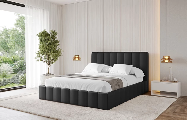 Bezug: Kunstleder, Farbe: Schwarz - Soft 11, Stoffbeschreibung: Polsterstoff SOFT:Leicht zu reinigendes Lederimitat. scheuerfest (100.000 Martindale-Zyklen). lichtecht (6). reibecht (4-5). 100%PU (Oberseite) + 75%PES mit 25%CO (Unterseite), Zimmer: Schlafzimmer, Länge: 215 cm, Breite: 156 cm, Höhe: 105 cm, Größe: 140x200 cm, Länge der Schlaffläche: 200 cm, Breite der Schlaffläche: 140 cm, Liegehöhe: 48 cm, Matratze: Mit H3 / H4 Taschenfederkern Matratze, Höhe der Matratze: 25 cm, Matratzentyp: Taschenfederkernmatratze, Bettkasten: Ja, Anzahl der Bettkasten: 1, Höhe der Bettkasten: 30 cm, Höhe des Kopfteils: 105 cm, Dicke des Kopfteils: 8 cm, Gepolsterte Rückseite: Nein - 1