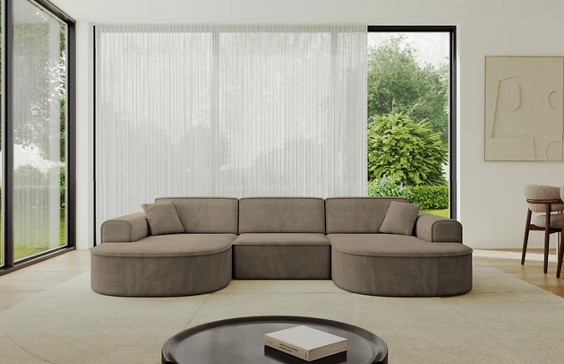 Bezug: Samt, Farbe: Braun - Paros 03, Stellvariante: U-Form, Stoffbeschreibung: PAROS ist ein sehr weicher Möbelstoff mit einer angenehmen Haptik. (50.000 Martindale-Zyklen) 100 % PES, pillingarm(4-5), reibecht(4-5), lichtecht(6|7), Gewicht 260 g/m² ±5 %, Materialzusammensetzung: 100% Polyseter, Pilling Resistenz: 5, Abriebfestigkeit: 5, Scheuerbeständigkeit: 50000 Martindale-Zyklen, Ausstattung: Kissen, Zimmer: Wohnzimmer, Tiefe: 171 cm, Breite: 303 cm, Höhe: 79,5 cm, Anzahl der Sitzflächen: 4, Sitzfüllung: Wellenfeder + HR35 und T30-Schaum, Art der Rückenkissen: Rückenlehne - feste, Annzahl der Sitzkissen: 3, Anzahl der Zierkissen: 2, Breite der Armlehnen: 20 cm, Höhe der Armlehnen: 58 cm, Breite der Ottomane: 109 cm, Tiefe der Ottomane: 151 cm, Tiefe der Sitzfläche: 62 cm, Sitzhöhe: 43,5 cm, Schlaffunktion: Ohne Schlaffunktion - 1