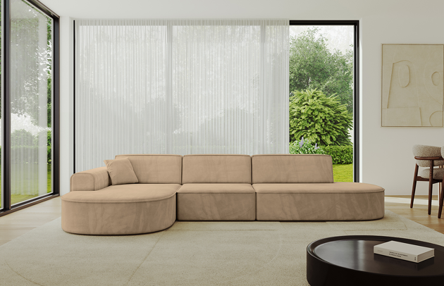 Bezug: Samt, Farbe: Beige - Kronos 35, Stellvariante: Ottomane Links, Stoffbeschreibung: KRONOS: Scheuerfester (50.000 Martindale-Zyklen), flauschiger Möbelstoff mit weicher Plüschoberfläche, lichtecht (5), reibecht (4-5), pillingarm (4). Gewicht 275 g/m2 ±5%., Materialzusammensetzung: 100% Polyseter, Pilling Resistenz: 5, Abriebfestigkeit: 5, Scheuerbeständigkeit: 50000 Martindale-Zyklen, Ausstattung: Kissen, Zimmer: Wohnzimmer, Tiefe: 171 cm, Breite: 328 cm, Höhe: 79,5 cm, Schlaffunktion: Ohne Schlaffunktion, Länge der Schlaffläche: Nicht zutreffend, Breite der Schlaffläche: Nicht zutreffend, Liegehöhe: Nicht zutreffend, Anzahl der Sitzflächen: 4, Sitzfüllung: Wellenfeder + HR35 und T30-Schaum, Art der Rückenkissen: Rückenlehne - feste, Annzahl der Sitzkissen: 3, Anzahl der Zierkissen: 1, Breite der Armlehnen: 20 cm, Höhe der Armlehnen: 58 cm, Breite der Ottomane: 109 cm, Tiefe der Ottomane: 151 cm, Tiefe der Sitzfläche: 62 cm, Sitzhöhe: 43,5 cm - 1