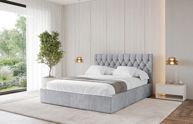 Bezug: Samt, Farbe: Hellgrau - Monolith 84, Stoffbeschreibung: MONOLITH: Wasserabweisender und leicht zu reinigender Möbelstoff, scheuerfest (100.000 Martindale-Zyklen) lichtecht (5) und pillingarm (4-5), aus 100 % PES, Gewicht 330 g/m2 ±5 %, Zimmer: Schlafzimmer, Länge: 215 cm, Breite: 156 cm, Höhe: 105 cm, Größe: 140x200 cm, Länge der Schlaffläche: 200 cm, Breite der Schlaffläche: 140 cm, Liegehöhe: 48 cm, Matratze: Mit H3 / H4 Taschenfederkern Matratze, Höhe der Matratze: 25 cm, Matratzentyp: Taschenfederkernmatratze, Bettkasten: Ja, Anzahl der Bettkasten: 1, Höhe der Bettkasten: 30 cm, Höhe des Kopfteils: 105 cm, Dicke des Kopfteils: 8 cm, Gepolsterte Rückseite: Nein - 1