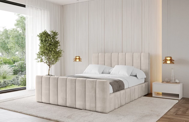 Bezug: Velvet, Farbe: Beige - Casablanca 2301, Stoffbeschreibung: Polsterstoff Casablanca: „Pet-friendly“, leicht zu reinigen (CleanBOO+), wasserabweisend mit Lotuseffekt, scheuerfest (45.000 Martindale- Zyklen), Gewicht 310g/m2 ±5 %, Zimmer: Schlafzimmer, Länge: 222 cm, Breite: 136 cm, Höhe: 105 cm, Größe: 120x200 cm, Länge der Schlaffläche: 200 cm, Breite der Schlaffläche: 120 cm, Liegehöhe: 48 cm, Matratze: Mit H3 / H4 Taschenfederkern Matratze, Höhe der Matratze: 25 cm, Matratzentyp: Taschenfederkernmatratze, Bettkasten: Ja, Anzahl der Bettkasten: 1, Höhe der Bettkasten: 30 cm, Höhe des Kopfteils: 105 cm, Dicke des Kopfteils: 8 cm, Dicke des Fußteils: 7 cm, Gepolsterte Rückseite: Nein - 1