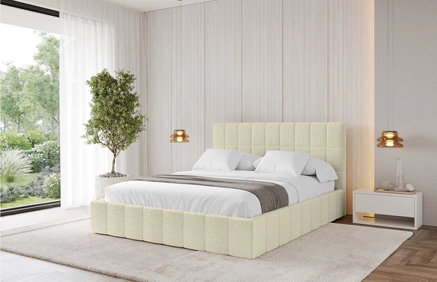 Bezug: Bouclé, Farbe: Beige - Quelle 02, Stoffbeschreibung: polsterstoff-quelle-hochwertiger-boucle-stoff-strapazierfahig-atmungsaktiv-und-pflegeleicht-80-000-martindale-zyklen-100-pes-pillingarm4-5-gewicht-315-g-m2-±5, Zimmer: Schlafzimmer, Länge: 215 cm, Breite: 156 cm, Höhe: 105 cm, Größe: 140x200 cm, Länge der Schlaffläche: 200 cm, Breite der Schlaffläche: 140 cm, Liegehöhe: 48 cm, Matratze: Mit H3 / H4 Taschenfederkern Matratze, Höhe der Matratze: 25 cm, Matratzentyp: Taschenfederkernmatratze, Bettkasten: Ja, Anzahl der Bettkasten: 1, Höhe der Bettkasten: 30 cm, Höhe des Kopfteils: 105 cm, Dicke des Kopfteils: 8 cm, Gepolsterte Rückseite: Nein - 1