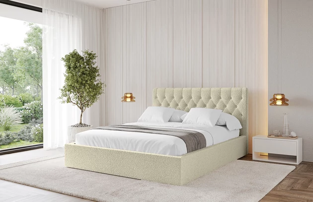 Bezug: Bouclé, Farbe: Beige - Quelle 02, Stoffbeschreibung: Polsterstoff Quelle: hochwertiger Bouclé Stoff, strapazierfähig, atmungsaktiv und pflegeleicht. (80.000 Martindale-Zyklen) 100 % PES, pillingarm(4-5), Gewicht 315 g/m² ±5 %, Zimmer: Schlafzimmer, Länge: 215 cm, Breite: 156 cm, Höhe: 105 cm, Größe: 140x200 cm, Länge der Schlaffläche: 200 cm, Breite der Schlaffläche: 140 cm, Liegehöhe: 48 cm, Matratze: Mit H3 / H4 Taschenfederkern Matratze, Höhe der Matratze: 25 cm, Matratzentyp: Taschenfederkernmatratze, Bettkasten: Ja, Anzahl der Bettkasten: 1, Höhe der Bettkasten: 30 cm, Höhe des Kopfteils: 105 cm, Dicke des Kopfteils: 8 cm, Gepolsterte Rückseite: Nein - 1