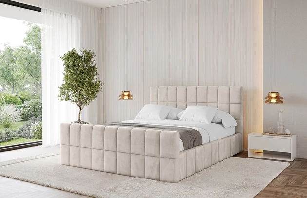 Bezug: Samt, Farbe: Beige - Casablanca 2301, Stoffbeschreibung: Polsterstoff Casablanca: „Pet-friendly“, leicht zu reinigen (CleanBOO+), wasserabweisend mit Lotuseffekt, scheuerfest (45.000 Martindale- Zyklen), Gewicht 310g/m2 ±5 %, Zimmer: Schlafzimmer, Länge: 222 cm, Breite: 136 cm, Höhe: 105 cm, Größe: 120x200 cm, Länge der Schlaffläche: 200 cm, Breite der Schlaffläche: 120 cm, Liegehöhe: 48 cm, Matratze: Mit H3 / H4 Taschenfederkern Matratze, Höhe der Matratze: 25 cm, Matratzentyp: Taschenfederkernmatratze, Bettkasten: Ja, Anzahl der Bettkasten: 1, Höhe der Bettkasten: 30 cm, Höhe des Kopfteils: 105 cm, Dicke des Kopfteils: 8 cm, Dicke des Fußteils: 7 cm, Gepolsterte Rückseite: Nein - 1