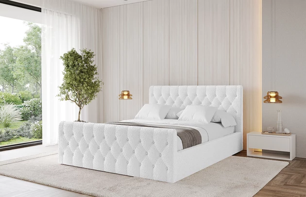 Bezug: Bouclé, Farbe: Weiß - Quelle 01, Stoffbeschreibung: Polsterstoff Quelle: hochwertiger Bouclé Stoff, strapazierfähig, atmungsaktiv und pflegeleicht. (80.000 Martindale-Zyklen) 100 % PES, pillingarm(4-5), Gewicht 315 g/m² ±5 %, Zimmer: Schlafzimmer, Länge: 222 cm, Breite: 136 cm, Höhe: 105 cm, Größe: 120x200 cm, Länge der Schlaffläche: 200 cm, Breite der Schlaffläche: 120 cm, Liegehöhe: 48 cm, Matratze: Mit H3 / H4 Taschenfederkern Matratze, Höhe der Matratze: 25 cm, Matratzentyp: Taschenfederkernmatratze, Bettkasten: Ja, Anzahl der Bettkasten: 1, Höhe der Bettkasten: 30 cm, Höhe des Kopfteils: 105 cm, Dicke des Kopfteils: 8 cm, Dicke des Fußteils: 7 cm, Gepolsterte Rückseite: Nein - 1