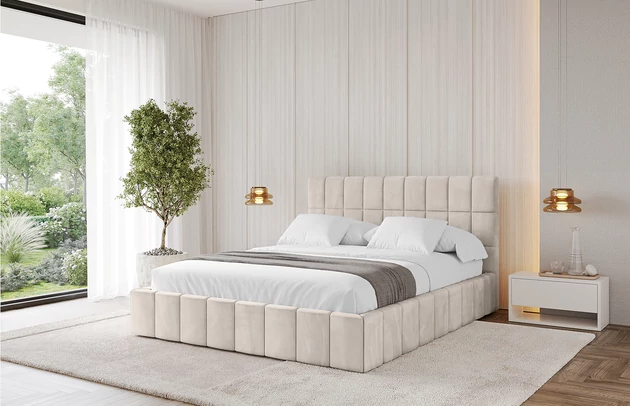 Bezug: Samt, Farbe: Beige - Casablanca 2301, Stoffbeschreibung: Polsterstoff Casablanca: „Pet-friendly“, leicht zu reinigen (CleanBOO+), wasserabweisend mit Lotuseffekt, scheuerfest (45.000 Martindale- Zyklen), Gewicht 310g/m2 ±5 %, Zimmer: Schlafzimmer, Länge: 215 cm, Breite: 136 cm, Höhe: 105 cm, Größe: 120x200 cm, Länge der Schlaffläche: 200 cm, Breite der Schlaffläche: 120 cm, Liegehöhe: 48 cm, Matratze: Mit H3 / H4 Taschenfederkern Matratze, Höhe der Matratze: 25 cm, Matratzentyp: Taschenfederkernmatratze, Bettkasten: Ja, Anzahl der Bettkasten: 1, Höhe der Bettkasten: 30 cm, Höhe des Kopfteils: 105 cm, Dicke des Kopfteils: 8 cm, Gepolsterte Rückseite: Nein - 1