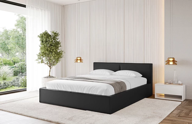 Bezug: Kunstleder, Farbe: Schwarz - Soft 11, Stoffbeschreibung: Polsterstoff SOFT:Leicht zu reinigendes Lederimitat. scheuerfest (100.000 Martindale-Zyklen). lichtecht (6). reibecht (4-5). 100%PU (Oberseite) + 75%PES mit 25%CO (Unterseite), Zimmer: Schlafzimmer, Länge: 215 cm, Breite: 136 cm, Höhe: 81 cm, Größe: 120x200 cm, Länge der Schlaffläche: 200 cm, Breite der Schlaffläche: 120 cm, Liegehöhe: 48 cm, Matratze: Mit H3 / H4 Taschenfederkern Matratze, Höhe der Matratze: 25 cm, Matratzentyp: Taschenfederkernmatratze, Bettkasten: Ja, Anzahl der Bettkasten: 1, Höhe der Bettkasten: 30 cm, Höhe des Kopfteils: 105 cm, Dicke des Kopfteils: 8 cm, Gepolsterte Rückseite: Nein - 1