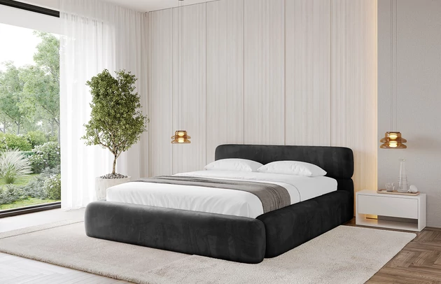 Bezug: Velvet, Farbe: Schwarz - Casablanca 2316, Stoffbeschreibung: Polsterstoff Casablanca: „Pet-friendly“, leicht zu reinigen (CleanBOO+), wasserabweisend mit Lotuseffekt, scheuerfest (45.000 Martindale- Zyklen), Gewicht 310g/m2 ±5 %, Zimmer: Schlafzimmer, Länge: 226 cm, Breite: 192 cm, Höhe: 81 cm, Größe: 160x200 cm, Länge der Schlaffläche: 200 cm, Breite der Schlaffläche: 160 cm, Liegehöhe: 48 cm, Matratze: Mit H3 / H4 Taschenfederkern Matratze, Höhe der Matratze: 25 cm, Matratzentyp: Taschenfederkernmatratze, Bettkasten: Ja, Anzahl der Bettkasten: 1, Höhe der Bettkasten: 30 cm, Höhe des Kopfteils: 81 cm, Dicke des Kopfteils: 8 cm, Gepolsterte Rückseite: Nein - 1