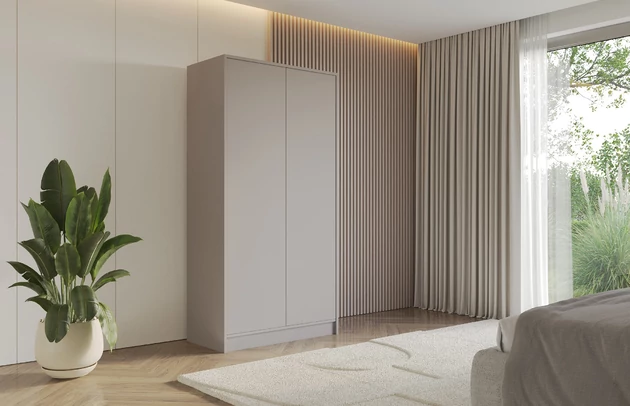 Material: Holzwerkstoff, Material der Rückwand: MDF, Farbe: Kaschmir, Griffe: TIP-ON-System, Zimmer: Schlafzimmer, Anzahl der Türen: 2, Anzahl der Kleiderstangen: 2, Front-Typ: Glatt, Art der Griffe: TIP-ON-System, Art der Türen: Flügeltüren, Breite: 102 cm, Tiefe: 51 cm, Höhe: 200 cm, Länge der Kleiderstange 1: 48 cm, Länge der Kleiderstange 2: 48 cm, Fachinnenmaß - Höhe: 36 cm, Fachinnenmaß - Breite: 49 cm, Fachinnenmaß - Tiefe: 49 cm, Größe: 102 cm x 51 cm x 200 cm - 1